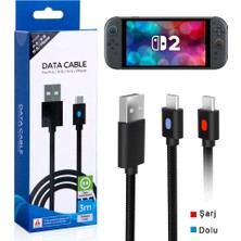 Pop Konsol Switch 2 Şarj Kablosu 3 Metre LED Göstergeli Ns2 Oyun Konsolu Type-C Örgü Kablo