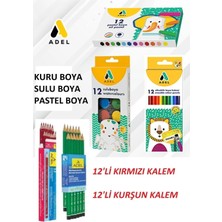 Adell Adel Kırtasiye Seti 12'li Kuru Boya Sulu Boya Pastel Boya Kurşun Kalem Kırmızı Kalem