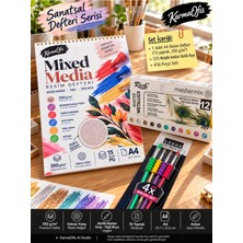 KarmaOfis Mixed Media A4 Sanatsal Resim Defteri ve Akrilik Boya Seti – 350 gr 15 Yaprak Dokulu Kağıt, Rich Akrilik Boya (12'li Metalik Renk Seçenekleri) ve 4'lü Fırça Seti