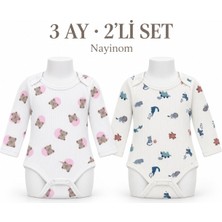 Nayinom Ayıcık ve Hayvan Desenli 2’li Fitilli Uzun Kollu Bebek Body Seti 3 Ay
