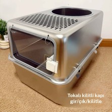 Monozone Büyük Boy Çelik Kedi Kum Kabı Kapalı Sıçrama Önleme Metal Kedi Tuvaleti Paslanmaz Kedi Yatağı