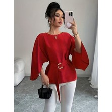 Oada Kadın Uzun Kollu Yuvarlak Yakalı Yarasa Kollu Belden Kuşaklı Atlas Bluz