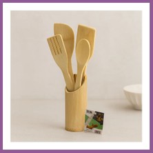 Bezos Ahşap Bambu Mutfak Servis Seti 5 Parça (Kaşık, Çatal, 2 Spatula, Stand) 27.5/30 cm Rengaren