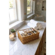 Evyeri 6 Bölmeli Rattan Düzenleyici Organizer Bitki Çayı Sepeti Şeffaf Kristal Kapaklı Rattan Saklama Kutusu Çay Poşeti Organizeri Kristal Kulplu 24,5 x 17 x 10 cm
