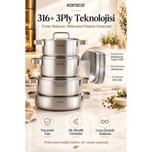 Karaca Powersteel 316+ 3ply Onyx 8 Parça Çelik Tencere Seti, 316 Paslanmaz Çelik, 3 Katmanlı Eşit Isı Dağılımı, Indüksiyon Uyumlu, 18/20/24 cm Tencere, 26 cm Karnıyarık, 10 Yıl Garantili, Döküm Kulplu