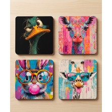 Purplesky Renkli Pop Art Hayvanlar Tasarımlı 4'lü Set Kare Bardak Altlığı, Dekoratif Fincan Altlığı