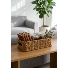 Evyeri Hasır Rattan Organizer Sepet Kulplu Dekoratif Düzenleyici Sepet 26 x 11 x 7 cm Çok Amaçlı Mutfak Banyo Raf Dolap Organizeri Doğal Hasır Sepet