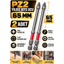 Trendhane Pz2 Yıldız Bits Uç 65 mm 2 Adet S2 Çelik 1/4 Inç Altıgen Şaftlı Tornavida Vidalama ve Sökme Ucu