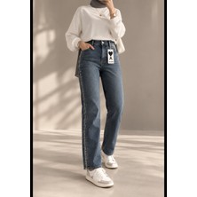 Zem Moda Kadın Yüksek Bel Yanları Taş Işlemeli Düz Paça Jean Pantolon Şık Denim Model