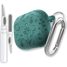 Defne Store Kulaklık Kılıfı — Airpods 4. Nesil ve Airpods 5. Nesil Uyumlu Çiçek Işlemeli Premium Silikon ve 3'ü 1 Arada Bluetooth Kulaklık Temizleme Kalemi Seti (Orman Yeşili)