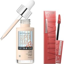 Defne Store New York Super Stay Vinyl Ink Uzun Süre Kalıcı Likit Parlak Ruj 15 Peachy & Super Stay Skin Tint Fondöten - 03 Makyaj Seti