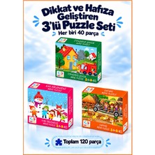 Çılgın Zeka Dikkat ve Hafıza Geliştiren 3’lü Puzzle Seti 3 - 7 Yaş Puzzle Seti Her Biri 40 Parça Çocuk Puzzle ve Yapboz