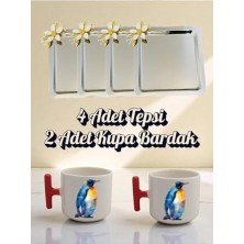 Mey İthalat 4'lü Papatyalı Tepsi Kahve Sunum Tepsisi 21X21 cm - 2'li Penguenli Kırmızı Kulplu Kahve Bardağı Gümüş, LH982374023423532235123
