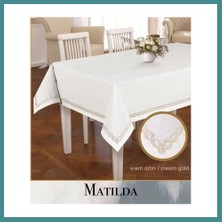 Bezos Matilda Model Krem-Gold 155X260 cm Keten Tablecloth Masa Örtüsü Şık Dekorasyon Mac