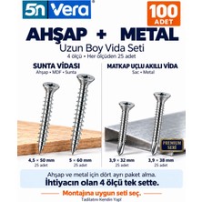 5N Vera 100 Adet Uzun Boy Vida Seti 4,5X50 5X60 Sunta Ahşap Mdf Mobilya Vidası ve 3,9X32 3,9X38 Akıllı Vida Matkap Uçlu Sac Delen Metal Montaj Vidası 4 Ölçü 25’er Adet