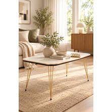 Odera Çift Beyaz Orta Sehpa 90X50 cm Metal Ayaklı Retro Salon Sehpası