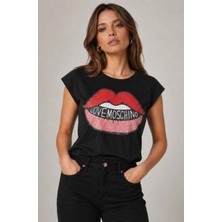 Love Moschino Pamuklu Baskılı Lips Print Logo T-Shirt