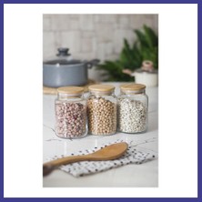 Bezos 3 Lü Set Bambu Kapaklı Cam Kavanoz & Erzak Saklama Kabı 800 ml Orta Boy ( Vakum Kapak ) Mrl