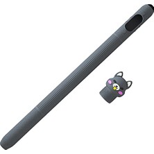 Apple Pencil 2 Koruyucu Kaymaz Figürlü Kedi Silikon Kılıfı (Ürün Kalem Değildir) (Gri)