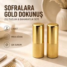 2'li Gold Tuzluk ve Baharatlık Seti, Şık Çizgili Mika Gövde, Masa ve Mutfak Kullanımına Uygun Dekoratif Tuz Biber Kabı