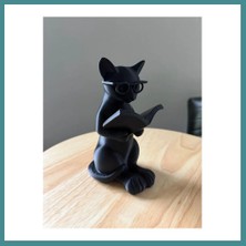 Bezos 3D Baskı Gözlüklü Kitap Okuyan Kedi Figürü Masaüstü Dekoratif Kedi Heykeli Siyah Mac