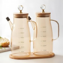 Kadıoğlu Ticaret Yağdanlık, Bambu Standlı 2'li Borosilikat Cam, ve Sirkelik Seti - Ölçü Skalalı, Gold Detaylı Damlatmaz Yağlık