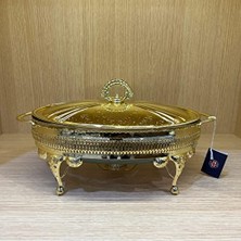 Trendexa Altın Kaplama Isıtıcılı Oval Yemek Servis 35 x 22 x 18.5 cm
