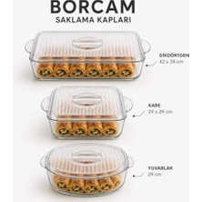 Trendexa Kapak, Piev Borcam Uyumlu Kare, Dikdörtgen ve Yuvarlak Cam Seti, 3'lü Set, Şeffaf Cam, Fırın Kabı Uyumlu, Saklama Kabı Uyumlu