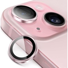 Trendexa iPhone 15-15 Plus ile Uyumlu Temperli Cam Kamera Lens Koruyucu Alüminyum Alaşım Çerçeveli ve 9h Sertliğinde Lens Koruma (Pembe, Temperli Cam)