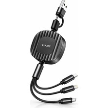 Xkin XK-X336 Makaralı Toplanabilir Telefon Şarj Kablosu Android iPhone Micro USB 3'lü Siyah
