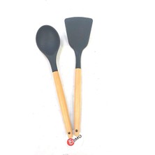 2 Parça Bambu Saplı Silikon Kaşık Spatula Seti, Siyah