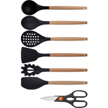 Siyah Bambu Silikon 7'li Mutfak Seti, Kepçe, Kaşık, Kevgir, Makarna Kavanozu, Spatula, Makas