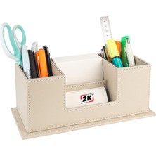 Masaüstü Deri Organizer Kalemlik 4 Gözlü Desktop Organizer Rainbow Vegan 10X12X25 Cm. Bej