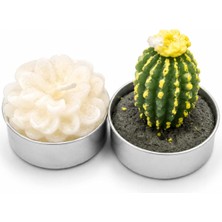 Çiçek ve Kaktüs Desenli Tealight Mum Seti, Metal Altlıklı, Parafin, 2'li Paket, Ev Dekorasyon