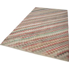 152X288 cm Kareli Kilim Bej Kareli Yün El Dokuma Modern Geometrik Etnik Eskitme Desenli Boho Oturma Odası Salon Yolluk Koridor Mutfak Halısı