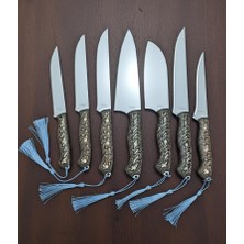 Dekoratif Saplı Püsküllü Mutfak Bıçağı Seti, 7 Parça, Ahşap Stantlı, Gümüş/siyah, El Yapımı, Geleneksel Stil