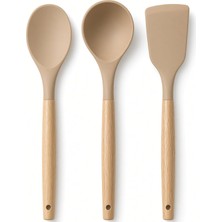 3'lü Silikon Mutfak Gereçleri Seti, Ahşap Saplı Silikon Kaşık Kepçe Spatula Seti, Yemek Pişirme ve Servis Seti, Açık Vizon