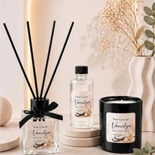 Vanilya Kokulu 3'lü Dekoratif Oda Kokusu Seti – 100 ml Çubuklu Oda Kokusu + 100 ml Yedek + Cam Bardak Mum – Hediye Seti (Siyah)