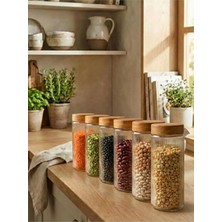 6'li Set Ahşap Desen Kapaklı Cam Saklama Kabı 1350 ml - Açık Kahve