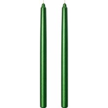 2'li Metalik Yeşil Şamdan Mum Seti 25 cm – Dekoratif Ince Şamdan Mum, Kokusuz Parafin WAX,%100 Pamuk Fitil, El Döküm, Uzun Süre Yanma (~10 Saat), Şık