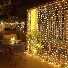 Perde LED Işık 8 Fonksiyonlu Sarı Işıklı Dekoratif Aydınlatma Balkon Veranda Dekorasyonu Fişli Eklenerek Uzatılabilir (3x3 Metre)