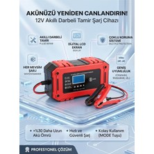 12V 6A Akıllı Darbeli Akü Şarj Cihazı, LCD Ekranlı, Profesyonel Onarım Modlu, Araba Motosiklet Uyumlu