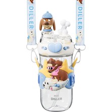 Diller 580ML Sevimli Hayvanlar Süslü Pipetli/pipetsiz Boyun Askılı Tritan Çocuk Matarası (Mavi Köpüş)
