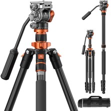 Tripod Camera 200 cm K234A7+FH-03 Kompakt Video Tripod Akışkan Başlı, Seyahat Için Tripod Taşıma Kapasitesi 5 Kg, Tekli Alüminyum Tripod Çıkarılabilir