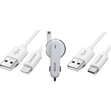 3.1A 15WATT Araç Şarj Aleti Micro USB Kırılmaz Kablo + Lighting ile Uyumlu Kablo Hediyeli + Type-C Kablo Hediyeli (Tüm Telefon Girişlerine Uyumludur)
