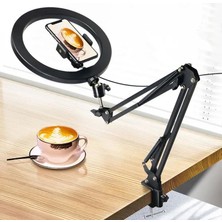 Coverzone Kıskaçlı 10 Inch Youtuber LED Işıklı Halka Telefon Tutuculu Yüksekliği ve Açısı Ayarlanabilir 10 Inch 26 cm Selfie Yayıncı Makyaj Işığı Masa
