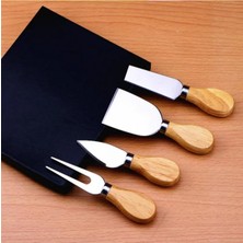 4 Parça Bambu Saplı Peynir Bıçak Çatal Spatula Seti