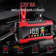 12V 8A Akıllı Akü Şarj Cihazı, Dijital Ekranlı, Yaz Kış Modlu, Akü Onarım Fonksiyonlu
