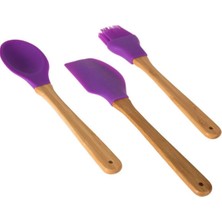 3'lü Bambu Saplı Silikon Kaşık Spatula Fırça Mutfak Seti, Mor