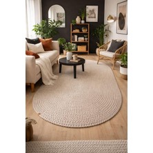 Oval Saç Örgü Desenli Kaymaz Taban Dekoratif Halı Kilim Paspas Bej 90 x 60
